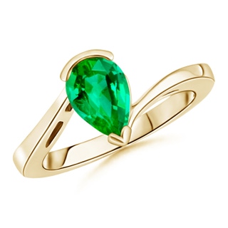 9x7mm AAA Solitaire Pear-Shaped Emerald Bypass Ring in Yellow Gold