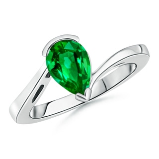 9x7mm AAAA Solitaire Pear-Shaped Emerald Bypass Ring in 10K White Gold