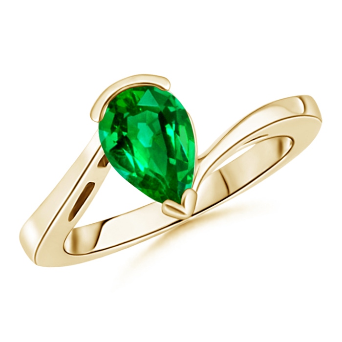 9x7mm AAAA Solitaire Pear-Shaped Emerald Bypass Ring in Yellow Gold 