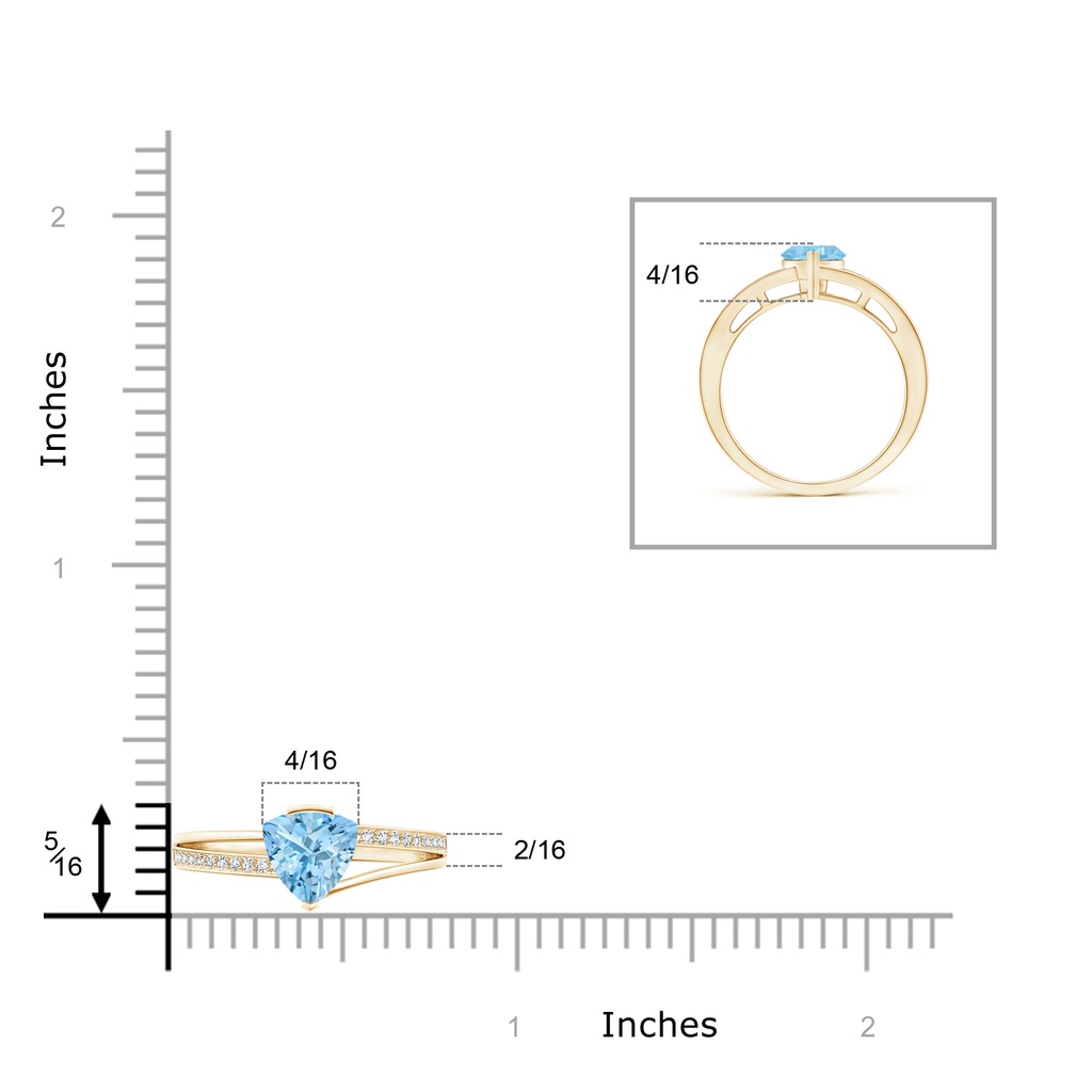 6mm AAAA Split Shank Trillion Aquamarine Ring in Yellow Gold Ruler