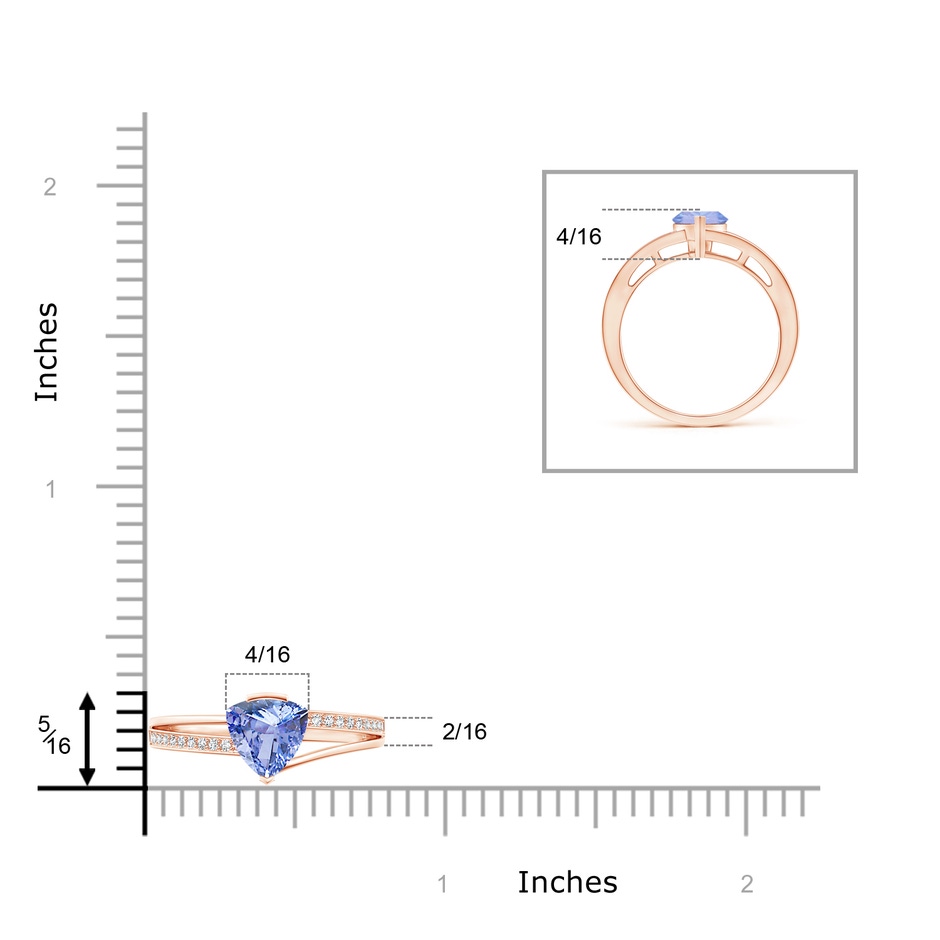 6mm A Split Shank Trillion Tanzanite Ring in Rose Gold ruler