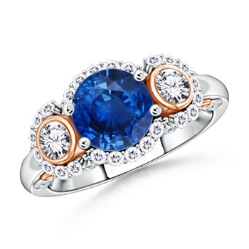 8mm AAA Three Stone Sapphire and Diamond Halo Ring in Two Tone in White Gold