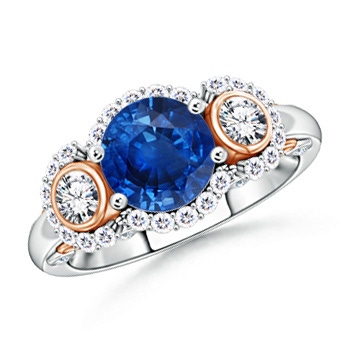 8mm AAA Three Stone Sapphire and Diamond Halo Ring in Two Tone in White Gold 