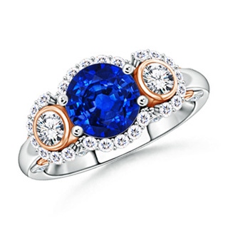 8mm AAAA Three Stone Sapphire and Diamond Halo Ring in Two Tone in White Gold