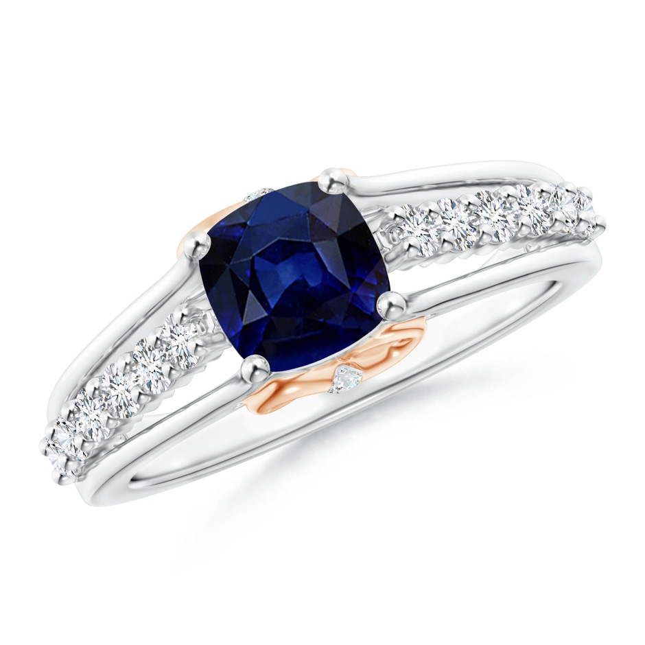 6mm AAA Triple Shank Cushion Cut Sapphire Ring in Two Tone in White Gold 