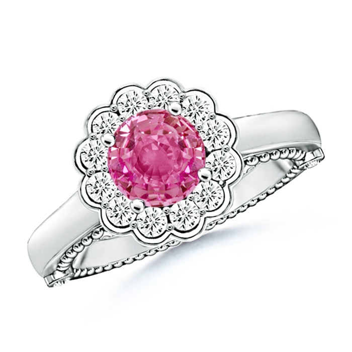 6.5mm AAA Vintage Inspired Pink Sapphire and Diamond Floral Ring in White Gold 