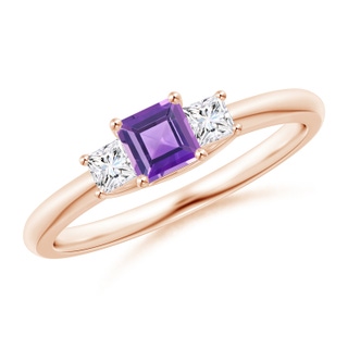 4mm AA Square Amethyst and Princess Diamond Three Stone Ring in 10K Rose Gold