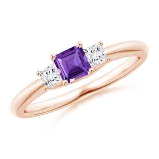 4mm AAA Square Amethyst and Princess Diamond Three Stone Ring in Rose Gold