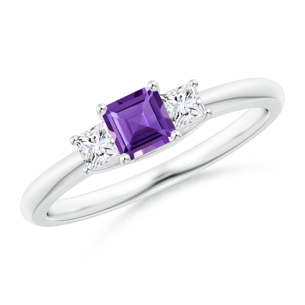 4mm AAA Square Amethyst and Princess Diamond Three Stone Ring in White Gold