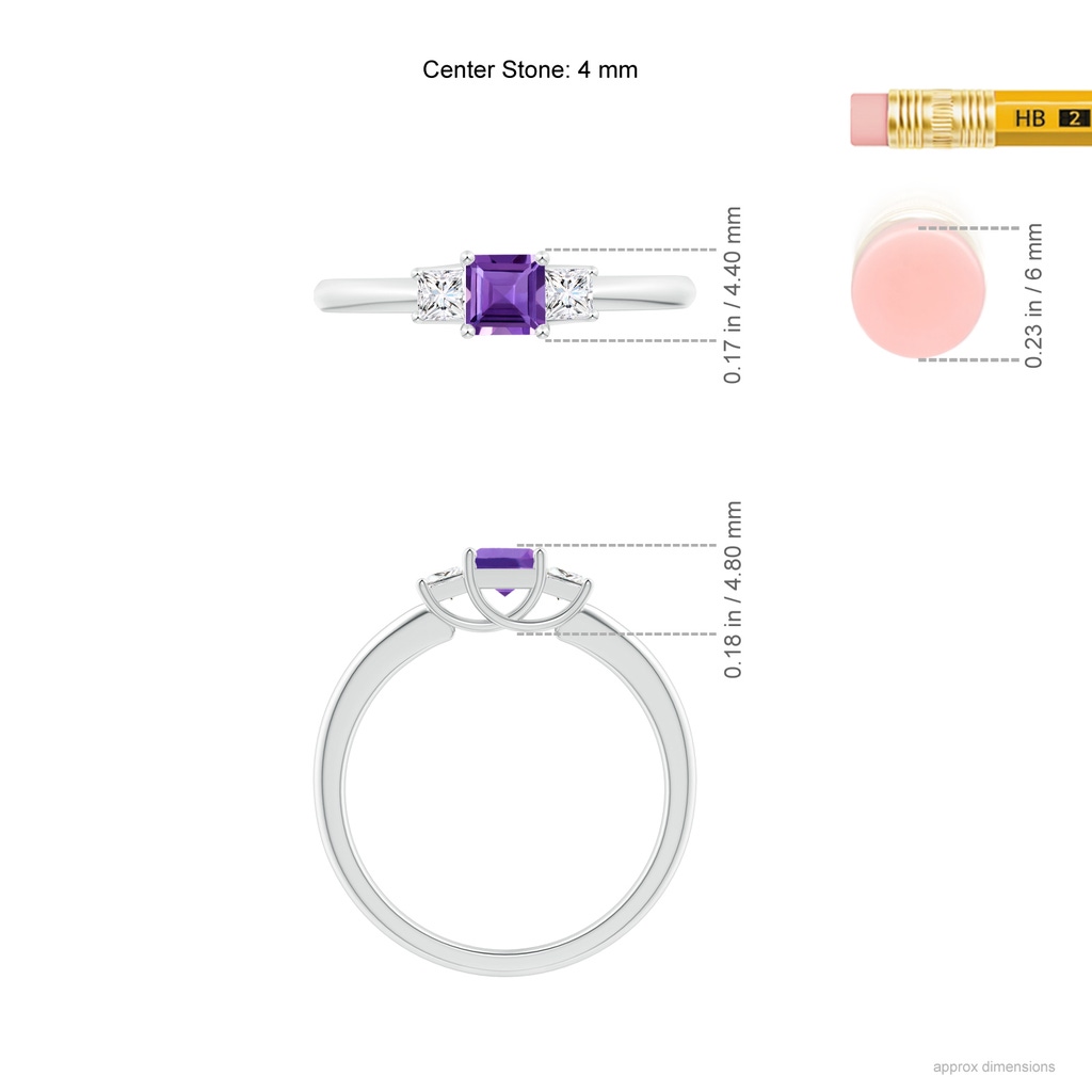 4mm AAA Square Amethyst and Princess Diamond Three Stone Ring in White Gold Ruler