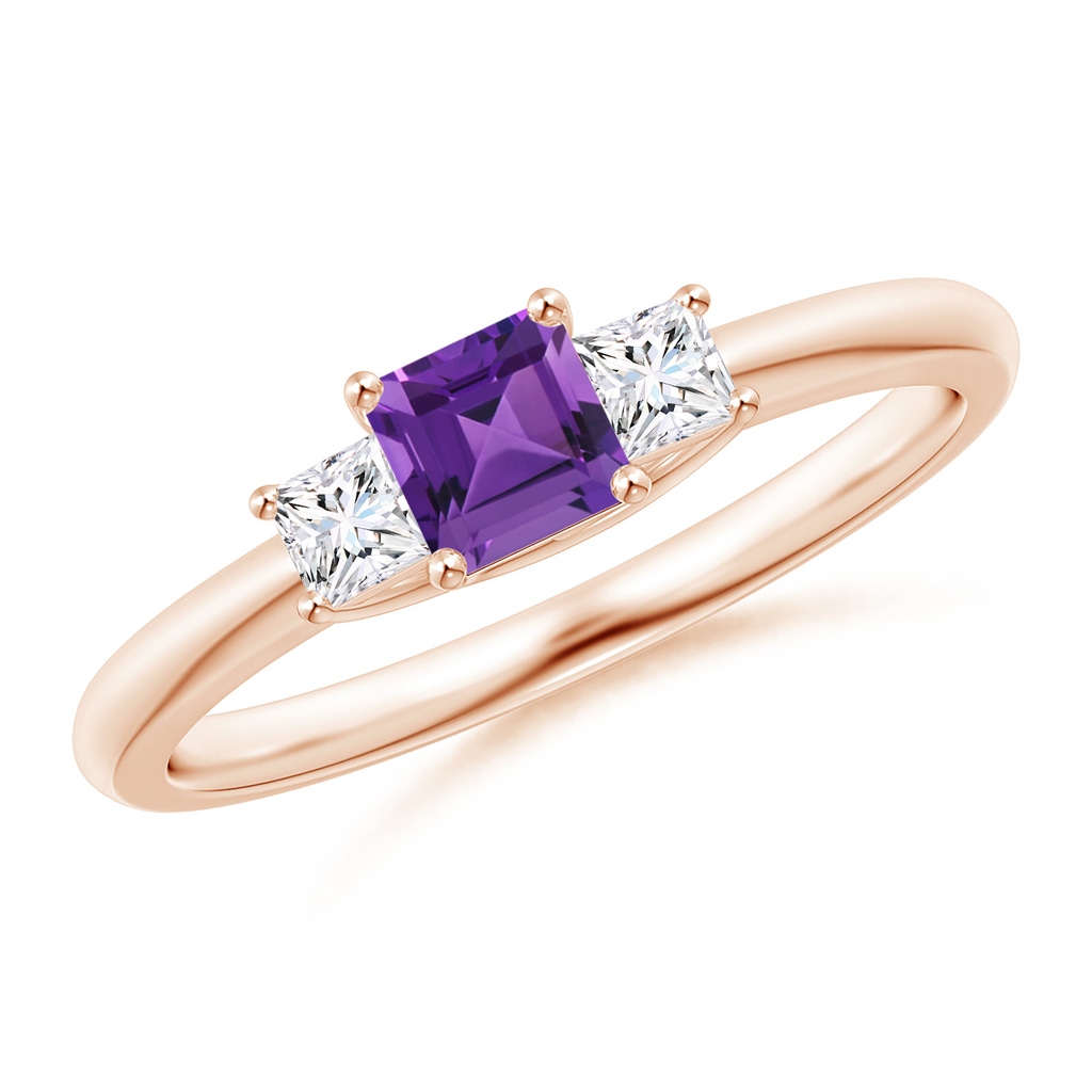 4mm AAAA Square Amethyst and Princess Diamond Three Stone Ring in Rose Gold