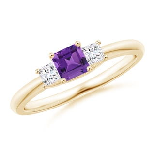 4mm AAAA Square Amethyst and Princess Diamond Three Stone Ring in Yellow Gold