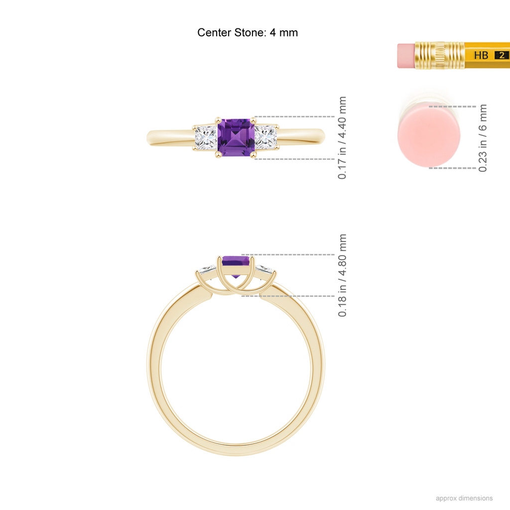 4mm AAAA Square Amethyst and Princess Diamond Three Stone Ring in Yellow Gold Ruler