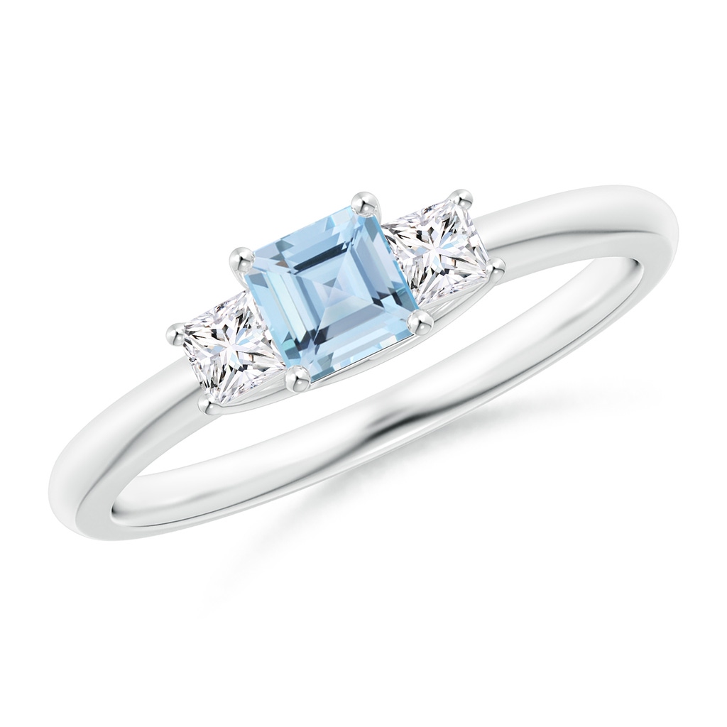 4mm AAA Square Aquamarine and Princess Diamond Three Stone Ring in White Gold