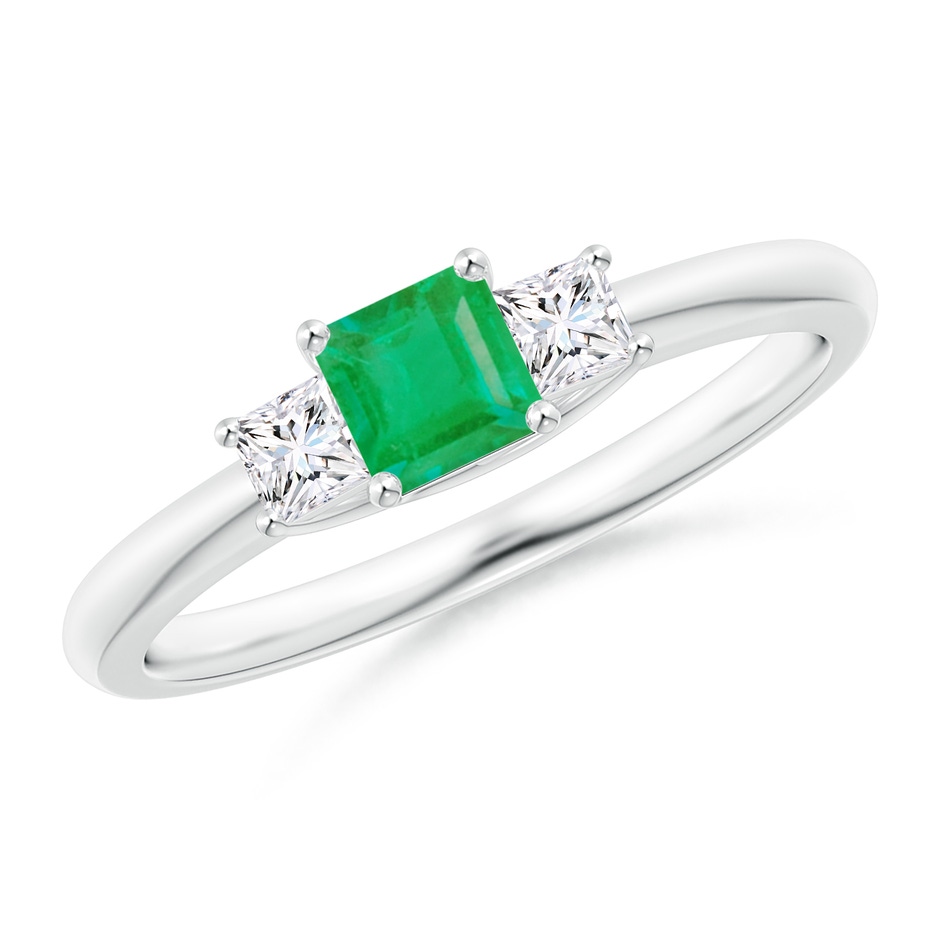 4mm A Square Emerald and Princess Diamond Three Stone Ring in P950 Platinum 