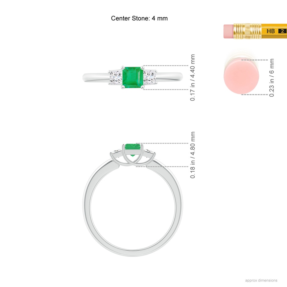 4mm A Square Emerald and Princess Diamond Three Stone Ring in P950 Platinum ruler