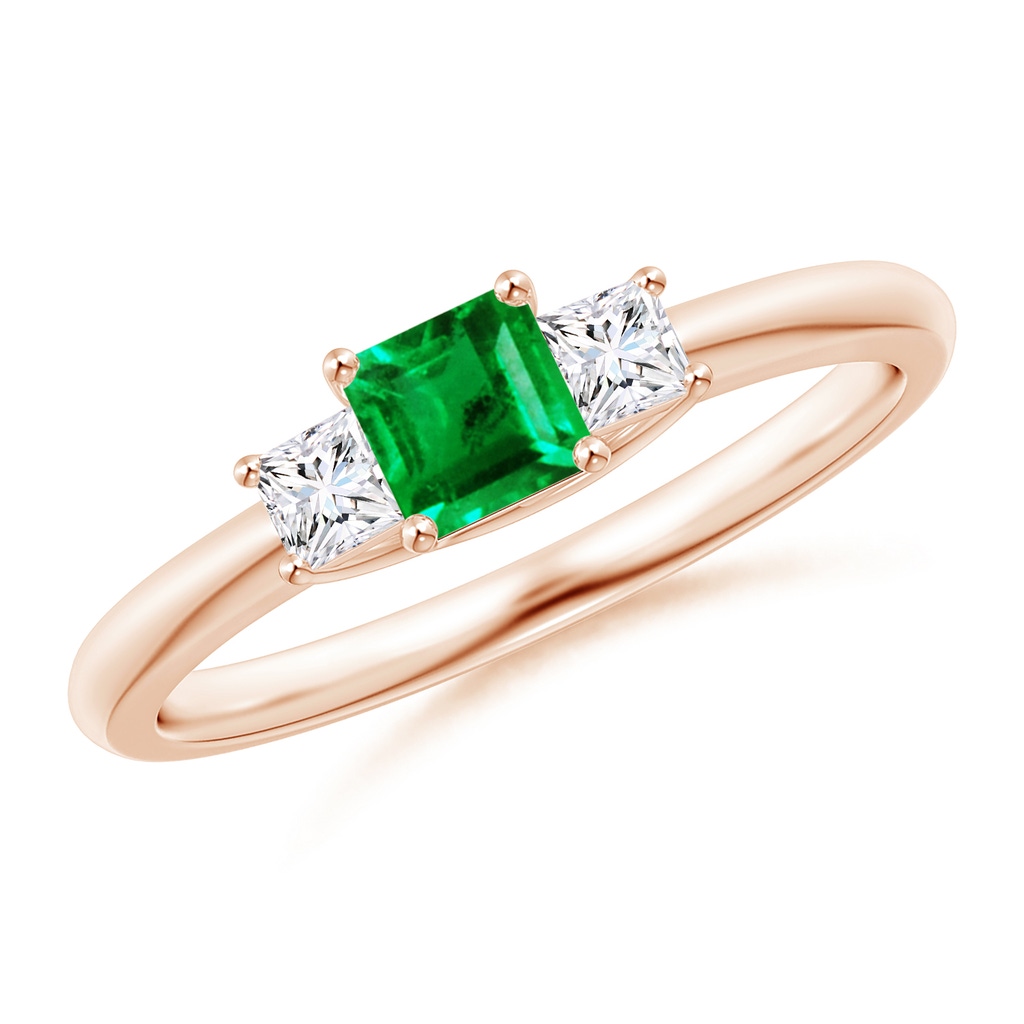 4mm AAA Square Emerald and Princess Diamond Three Stone Ring in Rose Gold 