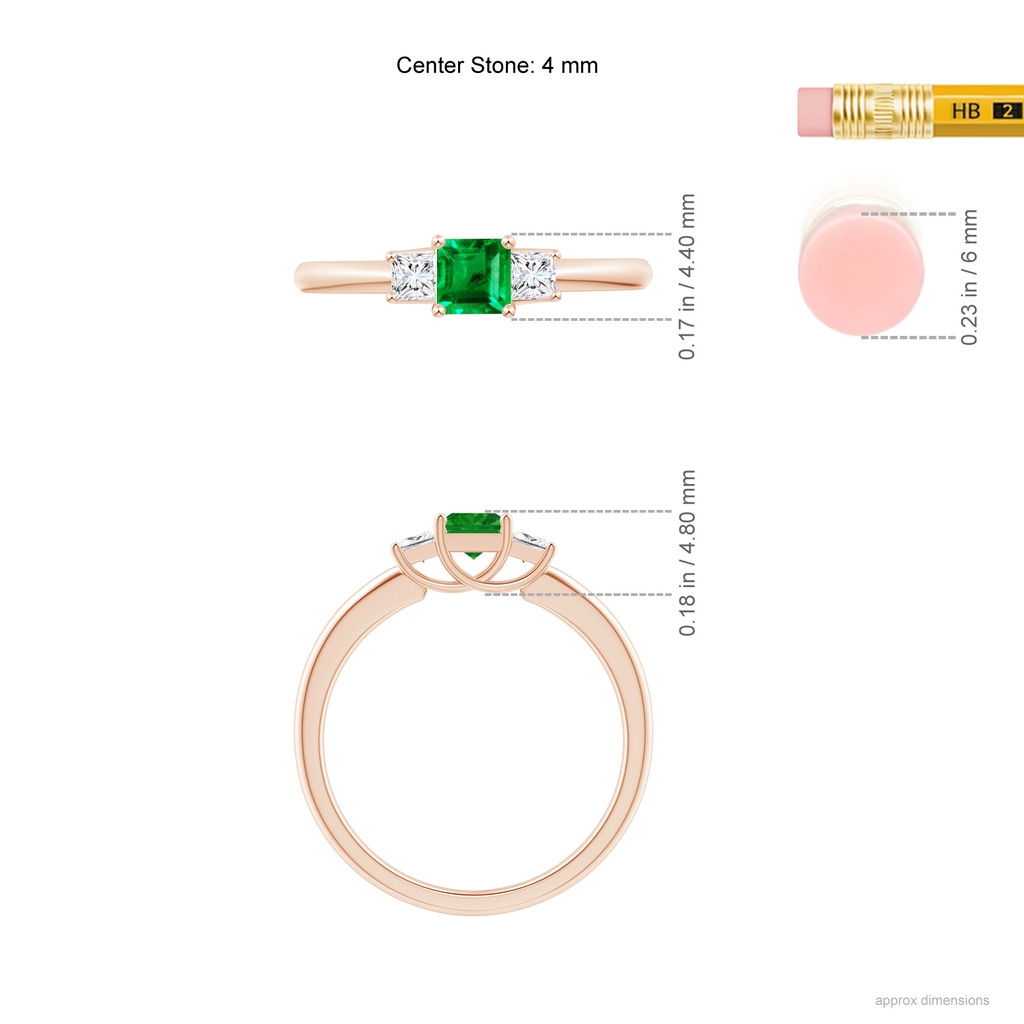 4mm AAA Square Emerald and Princess Diamond Three Stone Ring in Rose Gold Ruler