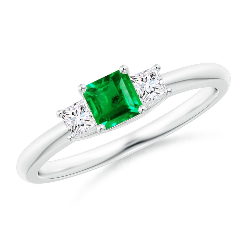 4mm AAA Square Emerald and Princess Diamond Three Stone Ring in White Gold