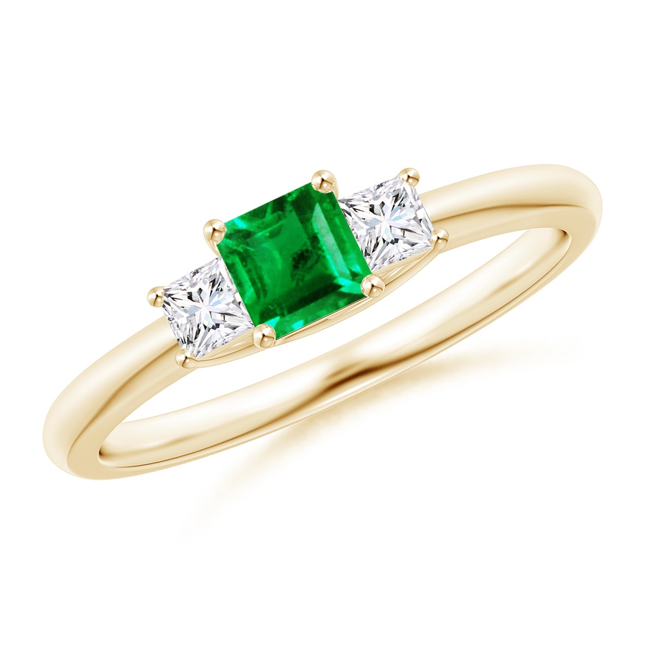 4mm AAA Square Emerald and Princess Diamond Three Stone Ring in Yellow Gold 