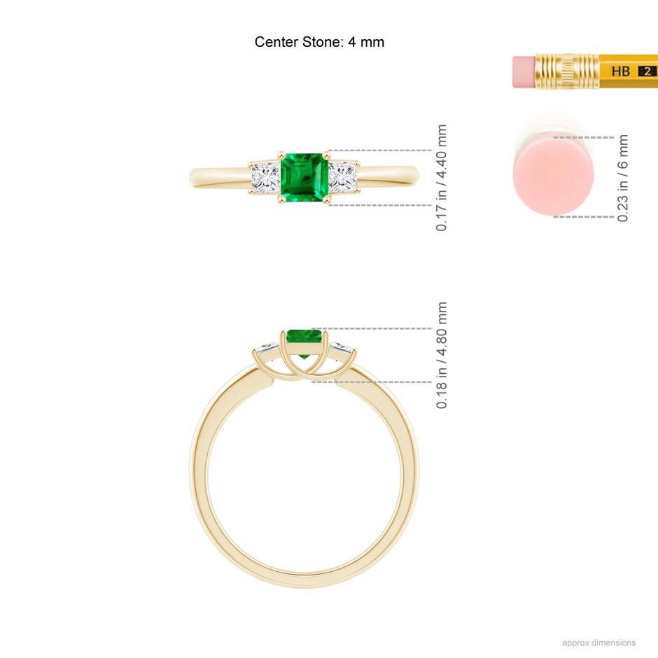 4mm AAA Square Emerald and Princess Diamond Three Stone Ring in Yellow Gold ruler