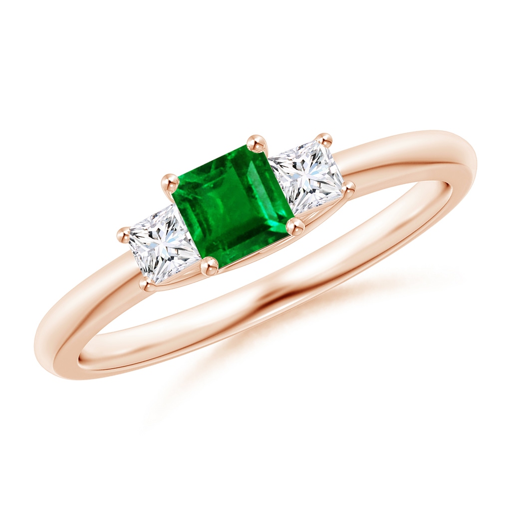 4mm AAAA Square Emerald and Princess Diamond Three Stone Ring in Rose Gold