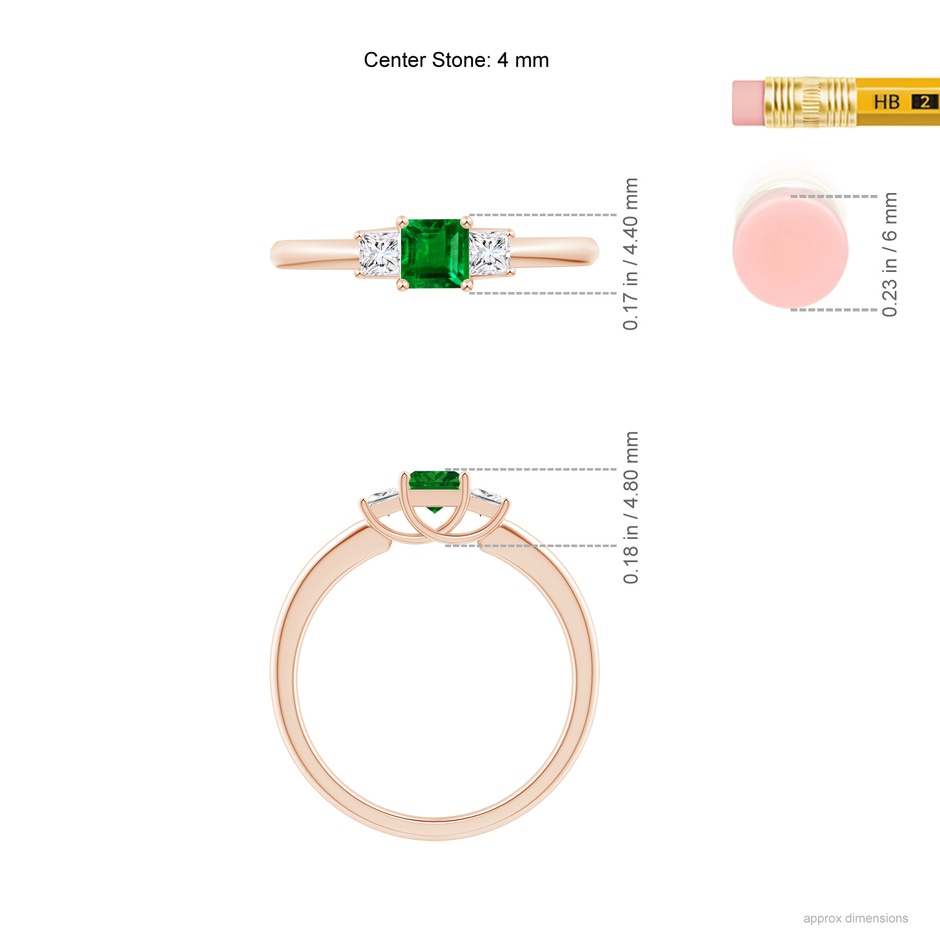 4mm AAAA Square Emerald and Princess Diamond Three Stone Ring in Rose Gold ruler