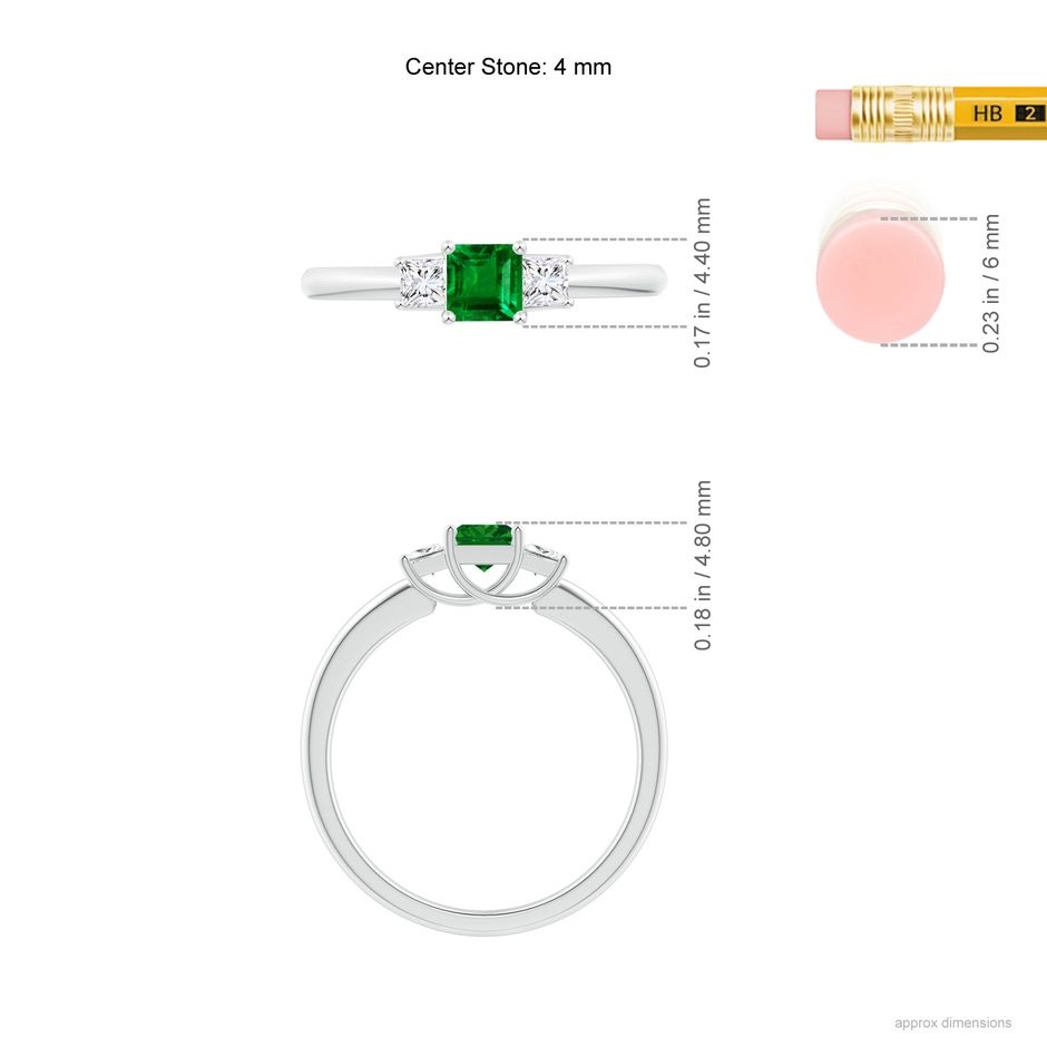 4mm AAAA Square Emerald and Princess Diamond Three Stone Ring in White Gold ruler