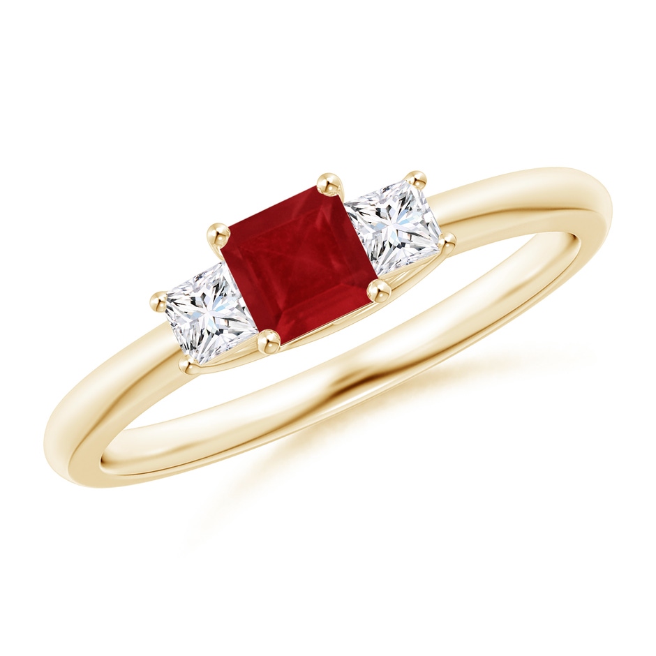 4mm AA Square Ruby and Princess Diamond Three Stone Ring in Yellow Gold 