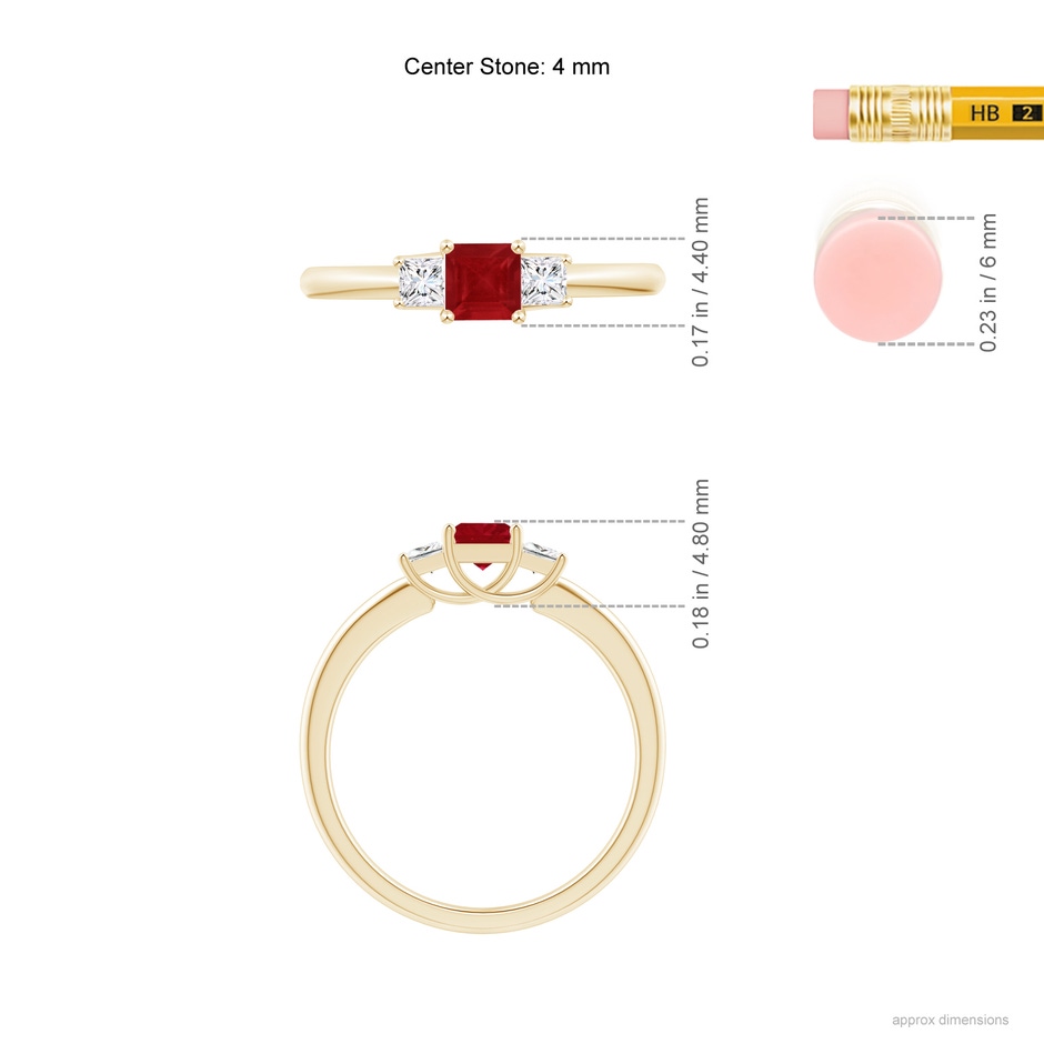 4mm AA Square Ruby and Princess Diamond Three Stone Ring in Yellow Gold ruler