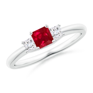 4mm AAA Square Ruby and Princess Diamond Three Stone Ring in 9K White Gold