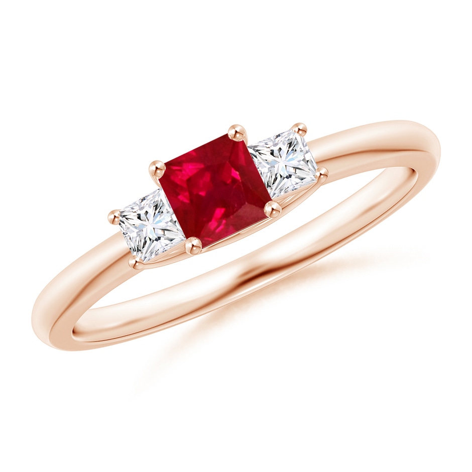 4mm AAA Square Ruby and Princess Diamond Three Stone Ring in Rose Gold 