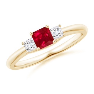 4mm AAA Square Ruby and Princess Diamond Three Stone Ring in Yellow Gold