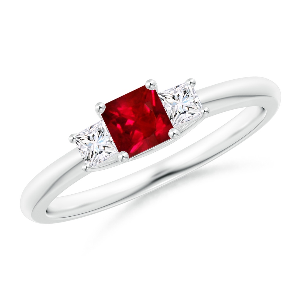 4mm AAAA Square Ruby and Princess Diamond Three Stone Ring in P950 Platinum