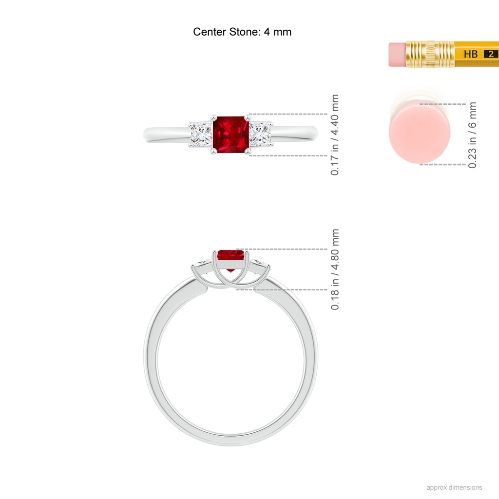 4mm AAAA Square Ruby and Princess Diamond Three Stone Ring in P950 Platinum Ruler