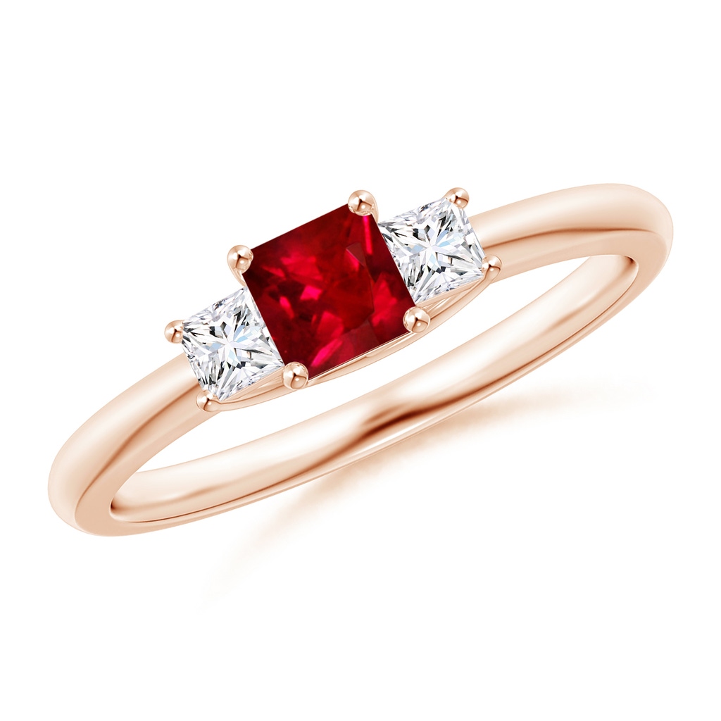 4mm AAAA Square Ruby and Princess Diamond Three Stone Ring in Rose Gold