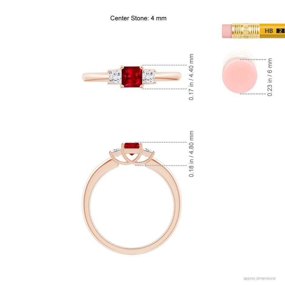 4mm AAAA Square Ruby and Princess Diamond Three Stone Ring in Rose Gold ruler