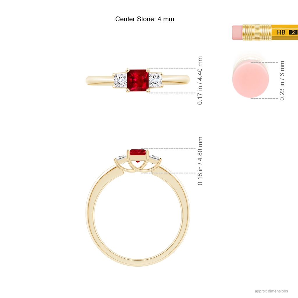 4mm AAAA Square Ruby and Princess Diamond Three Stone Ring in Yellow Gold Ruler