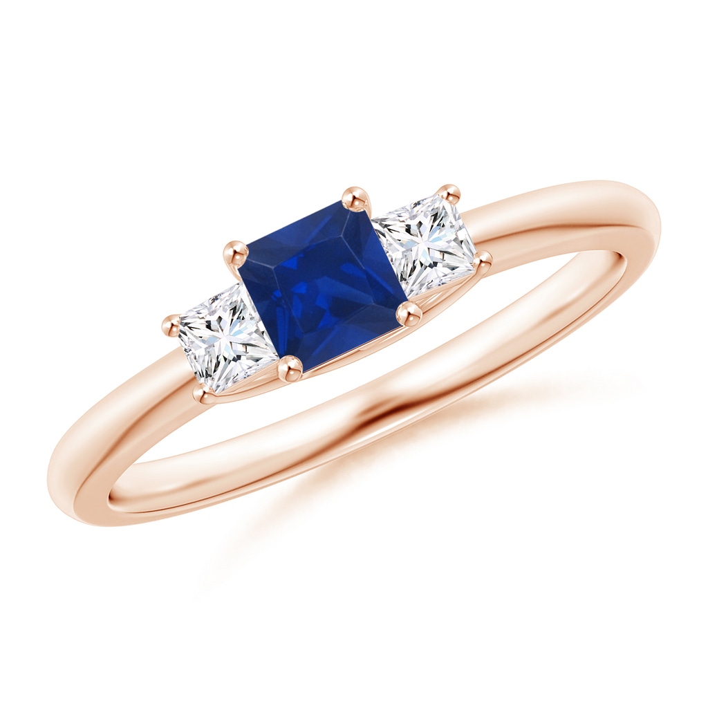 4mm AAA Square Sapphire and Princess Diamond Three Stone Ring in Rose Gold