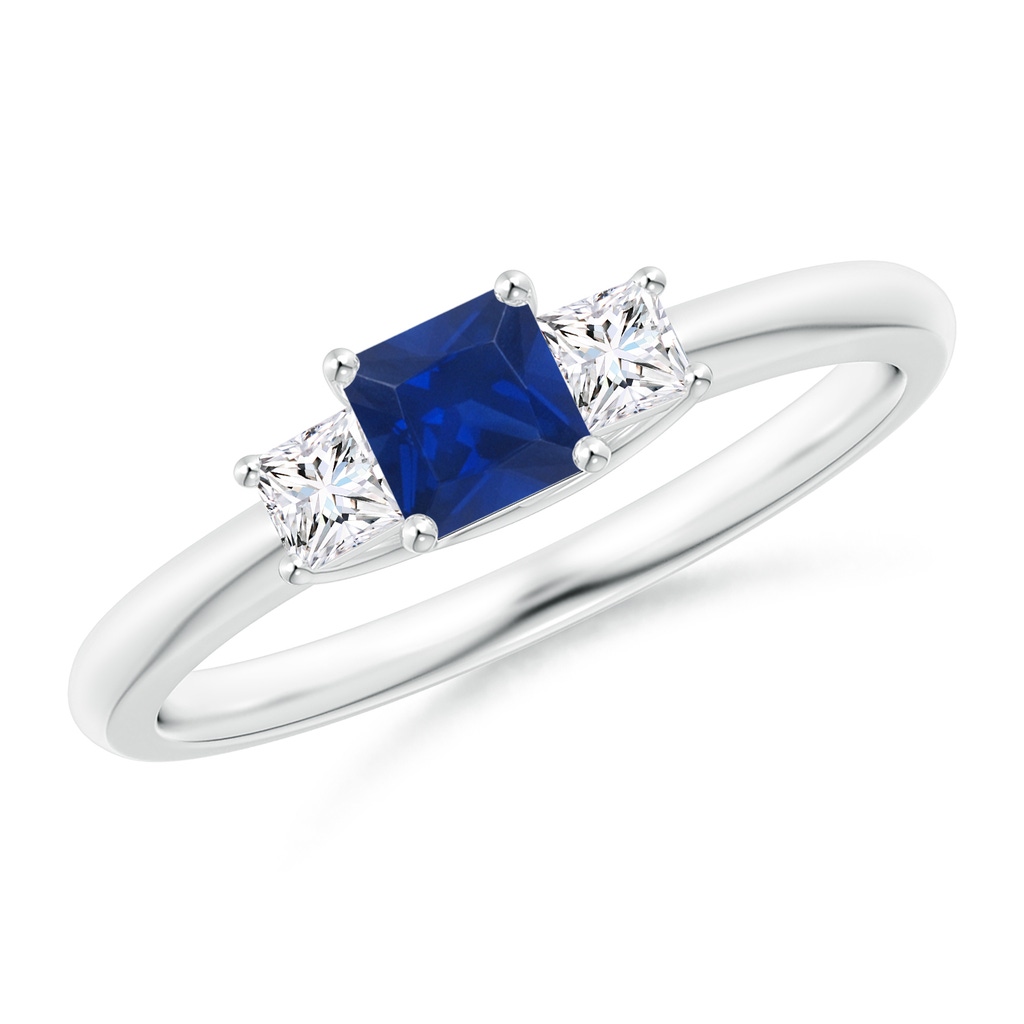 4mm AAA Square Sapphire and Princess Diamond Three Stone Ring in White Gold