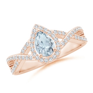 6x4mm A Twist Shank Pear Aquamarine Ring with Diamond Halo in 10K Rose Gold