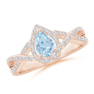 6x4mm AA Twist Shank Pear Aquamarine Ring with Diamond Halo in Rose Gold