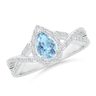 6x4mm AAA Twist Shank Pear Aquamarine Ring with Diamond Halo in White Gold