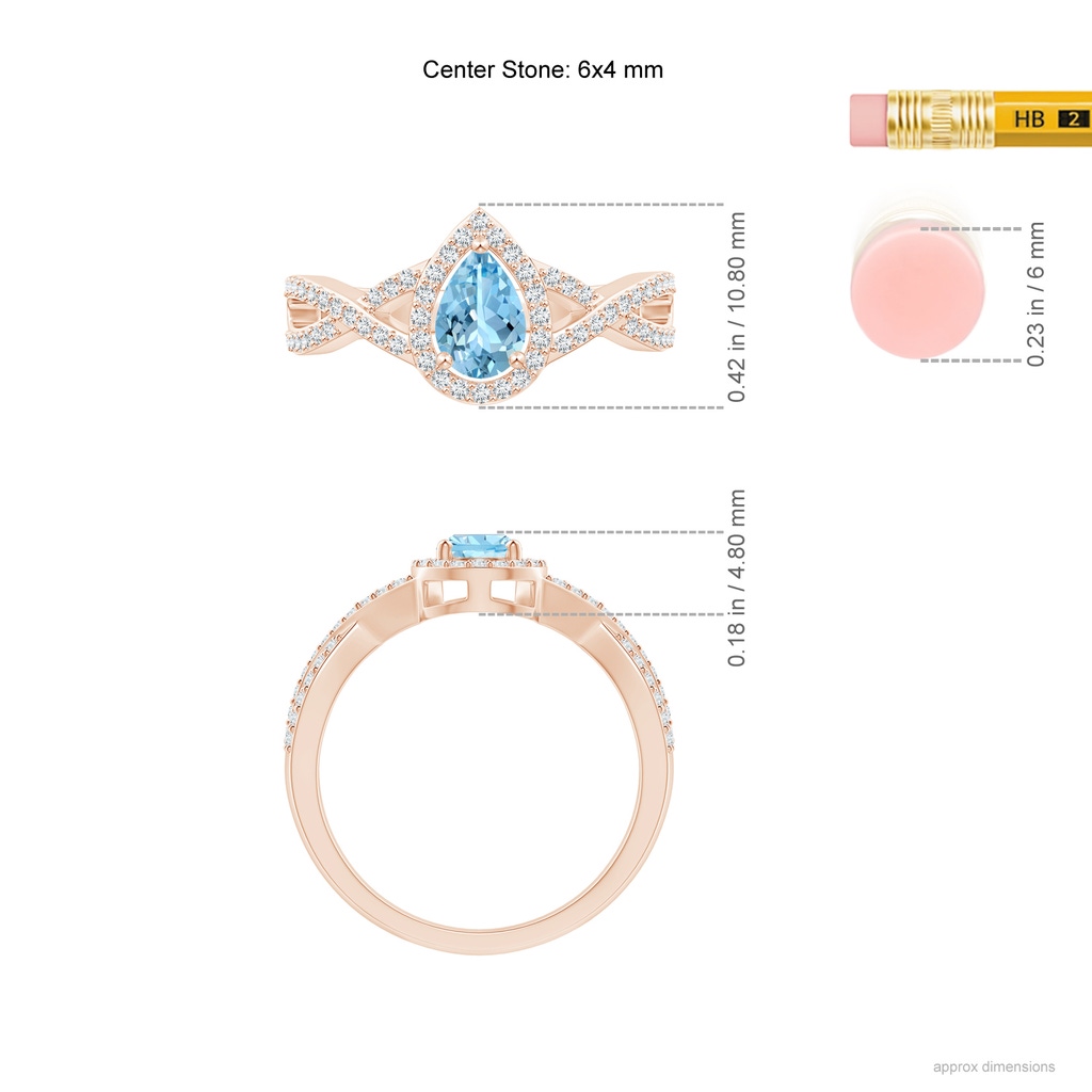 6x4mm AAAA Twist Shank Pear Aquamarine Ring with Diamond Halo in Rose Gold Ruler