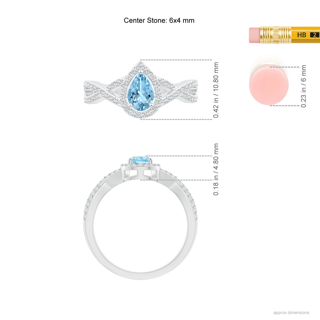 6x4mm AAAA Twist Shank Pear Aquamarine Ring with Diamond Halo in White Gold Ruler