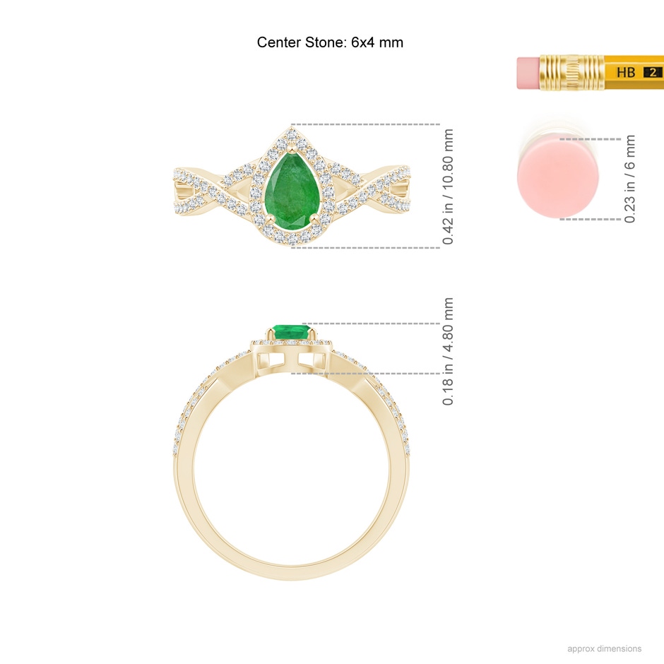 6x4mm A Twist Shank Pear Emerald Ring with Diamond Halo in Yellow Gold ruler