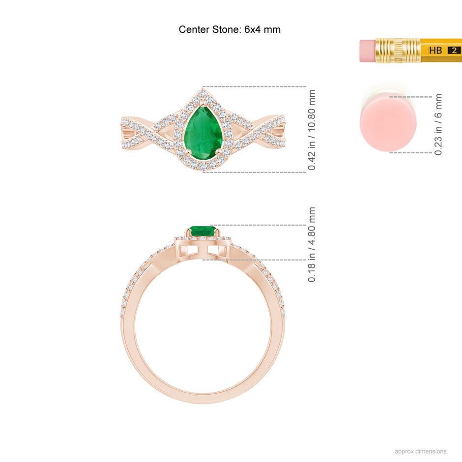 6x4mm AA Twist Shank Pear Emerald Ring with Diamond Halo in 18K Rose Gold ruler