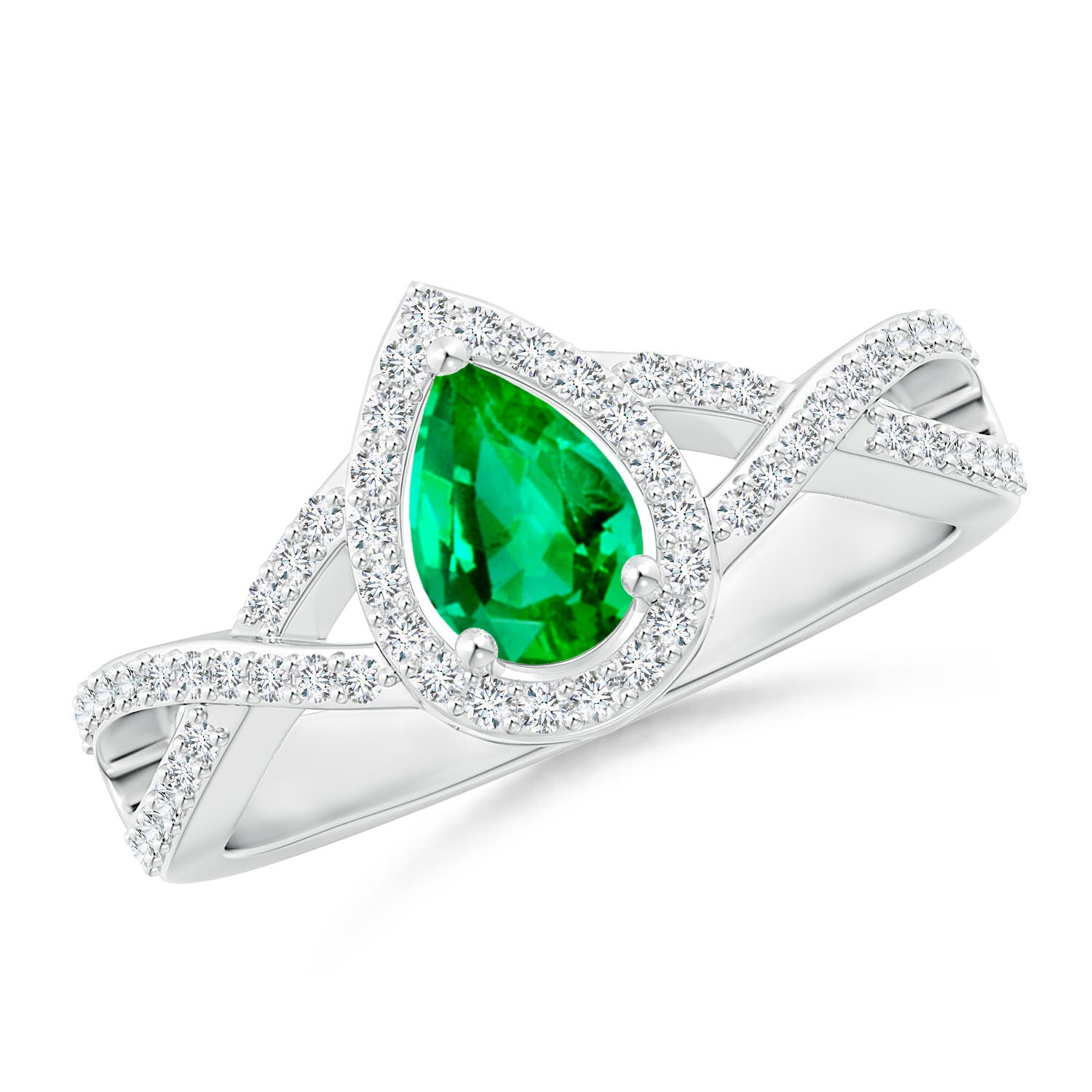 6x4mm AAA Twist Shank Pear Emerald Ring with Diamond Halo in 18K White Gold