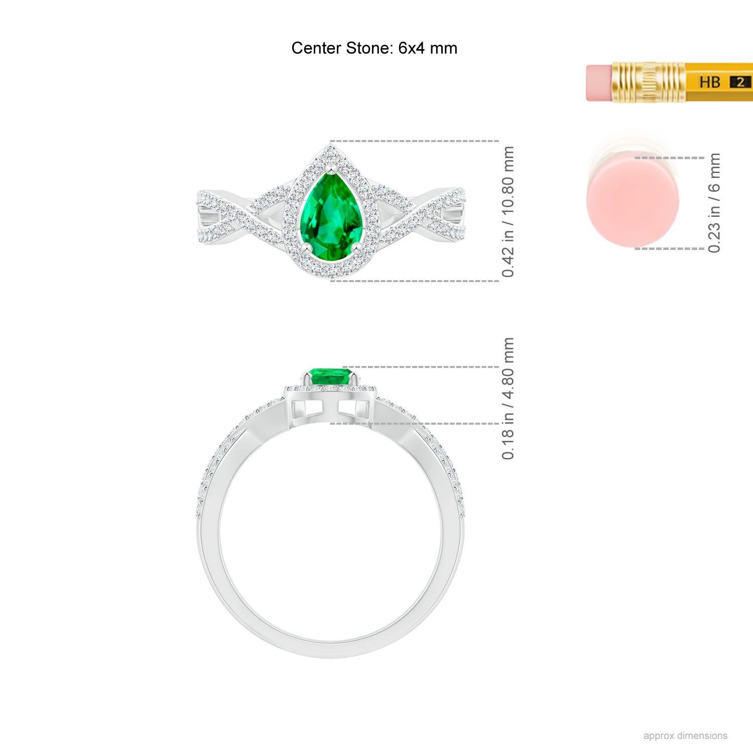 6x4mm AAA Twist Shank Pear Emerald Ring with Diamond Halo in 18K White Gold - ruler
