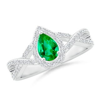 6x4mm AAA Twist Shank Pear Emerald Ring with Diamond Halo in White Gold